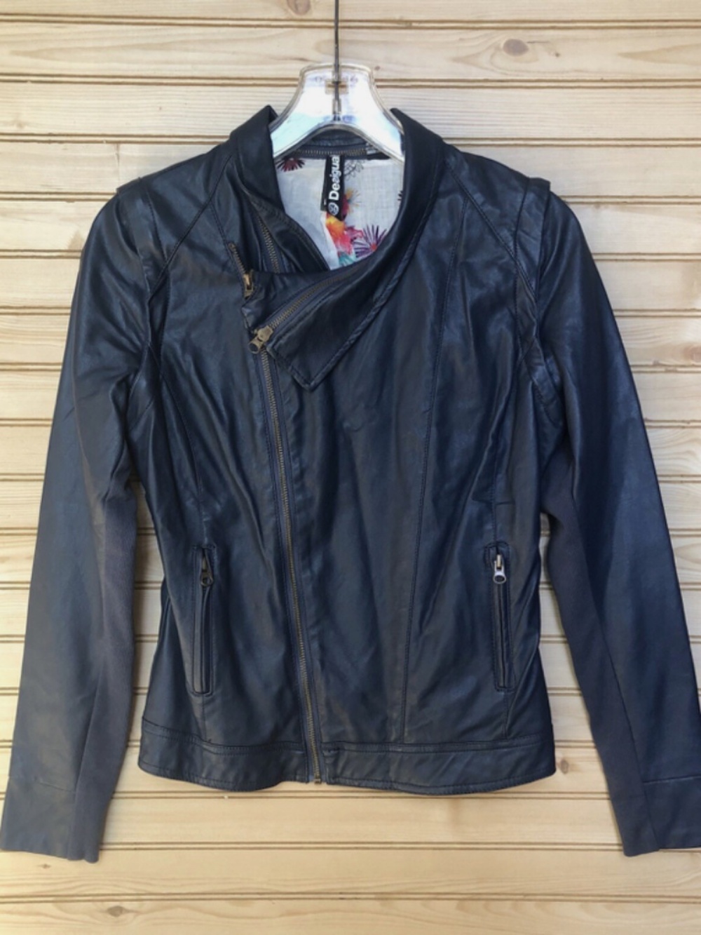 Desigual Blue Full Zip Faux Leather Moto Jacket Women's Sz 36